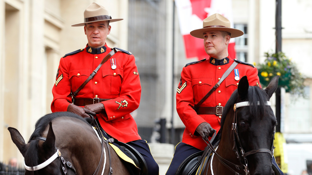 Two Canadian Mounties on horseback