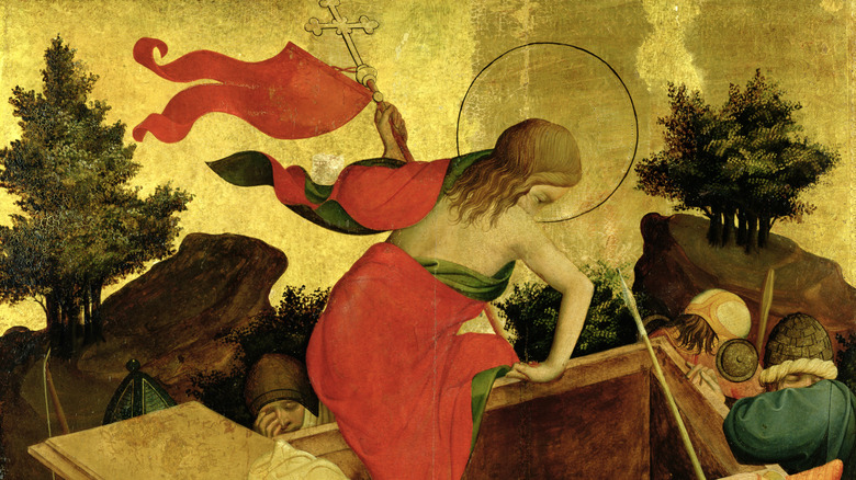 1424 altarpiece of Jesus climbing from sarcophagus while soldiers sleep below