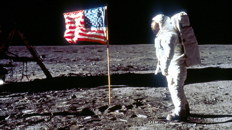 Buzz Aldrin, American flag on moon