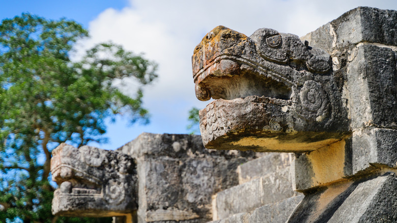 Jaguar head sculptures at Mayan holy site