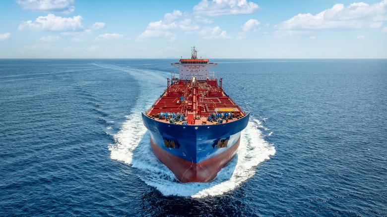 oil tanker at sea moving toward viewer