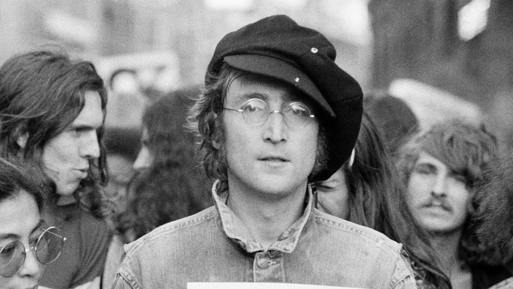 John Lennon at a rally in 1975 in London