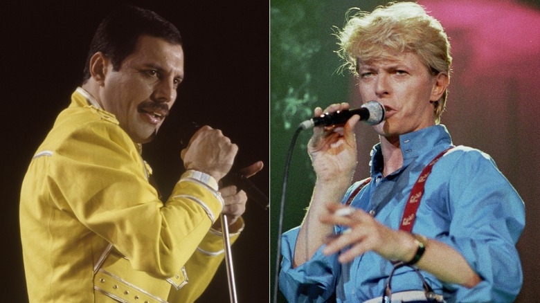 Split image of Freddie Mercury and David Bowie