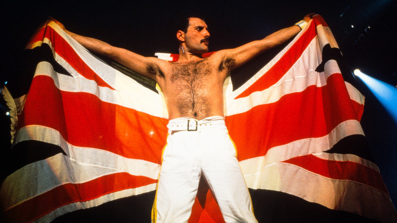 Freddie Mercury posing onstage with a Uninion Uack