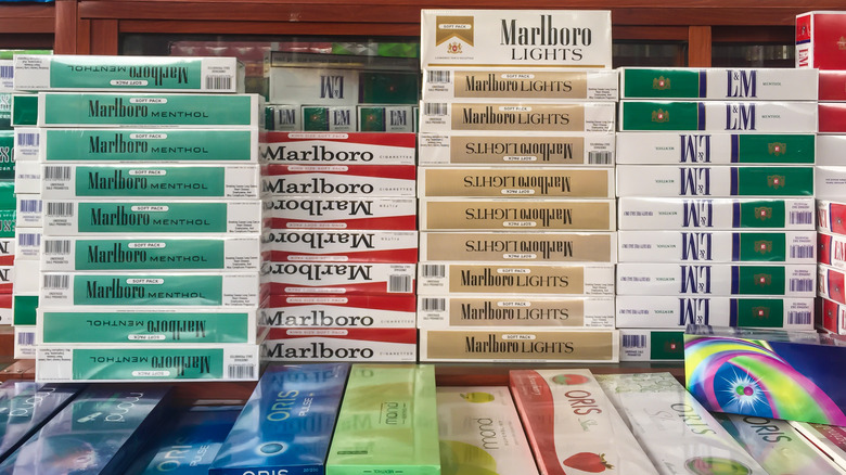 Boxes of cigarettes in store