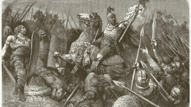 Vintage illustration of Byzantine general Belisaurius battling Goths in 530s