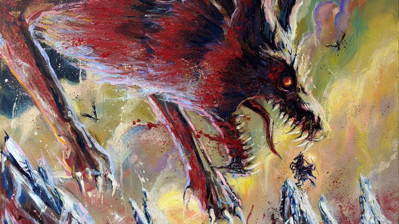 Modern painting of Fenris and Odin fighting at Ragnarok