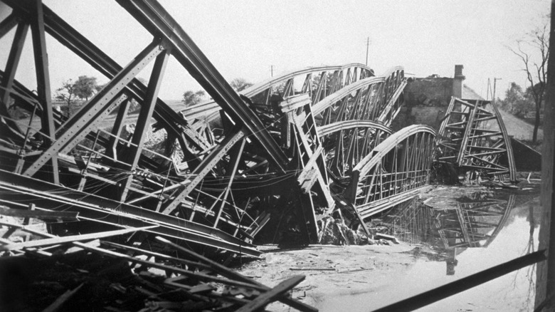 A railroad bridge blown up by French engineers during a retreat