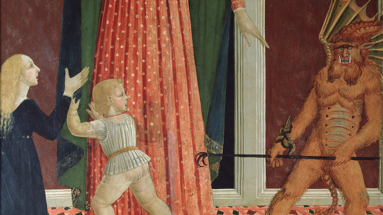 Painting of children afraid of the devil and hiding at mother's skirt