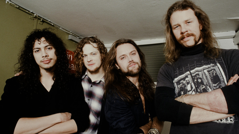 Metallica posing in dressing room in 1992