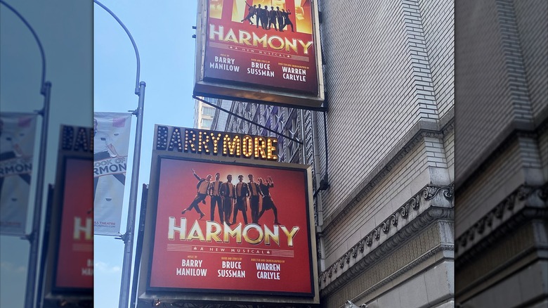 Marquee sign for Barry Manilow's musical Harmony