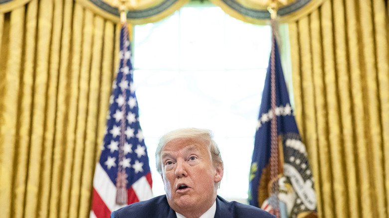 President Donald Trump with gold drapes