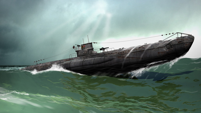 WWII submarine patrolling the sea