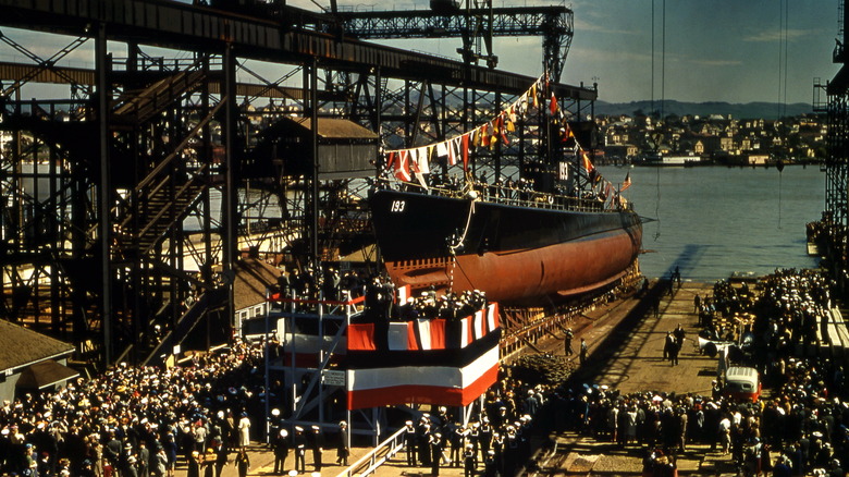 Crowd watching the launch of USS Swordfish