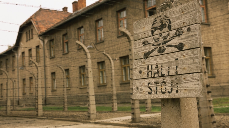 Halt sign outside of wire fences of Auschwitz