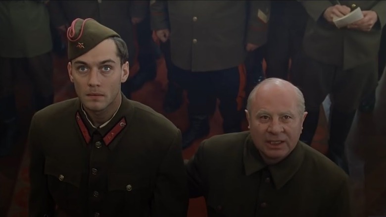 Jude Law and Bob Hoskins in uniform, seen overhead in Enemy at the Gates