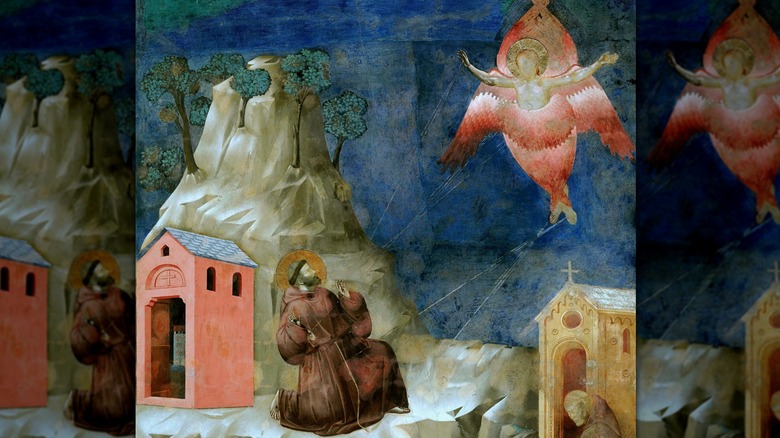 Saint Francis in robe with pink four-winged angel appearing by a mountain