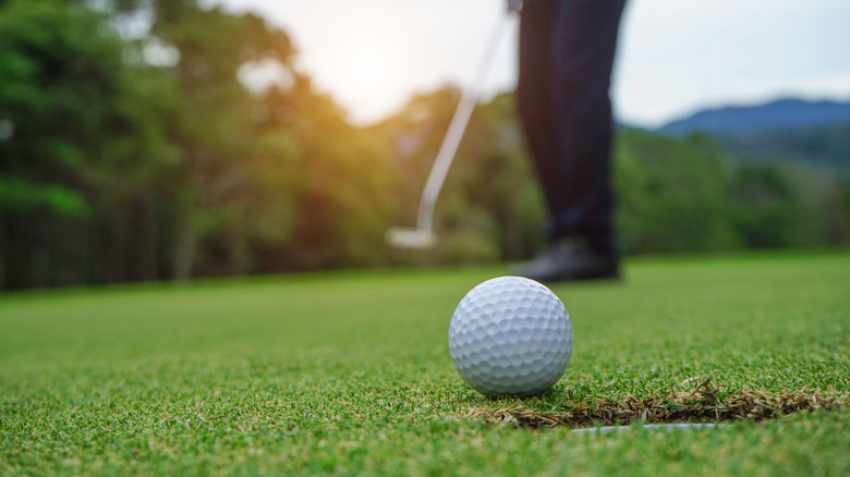 Golfer putting golf ball into hole